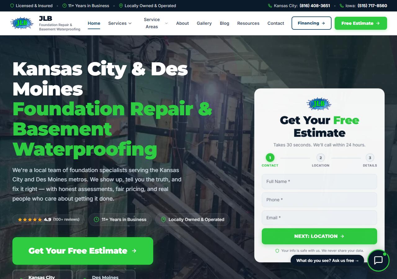 JLB Foundation Repair & Basement Waterproofing website homepage